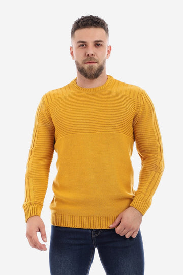 Knitted Acrylic Round Neck Pullover - Mustard