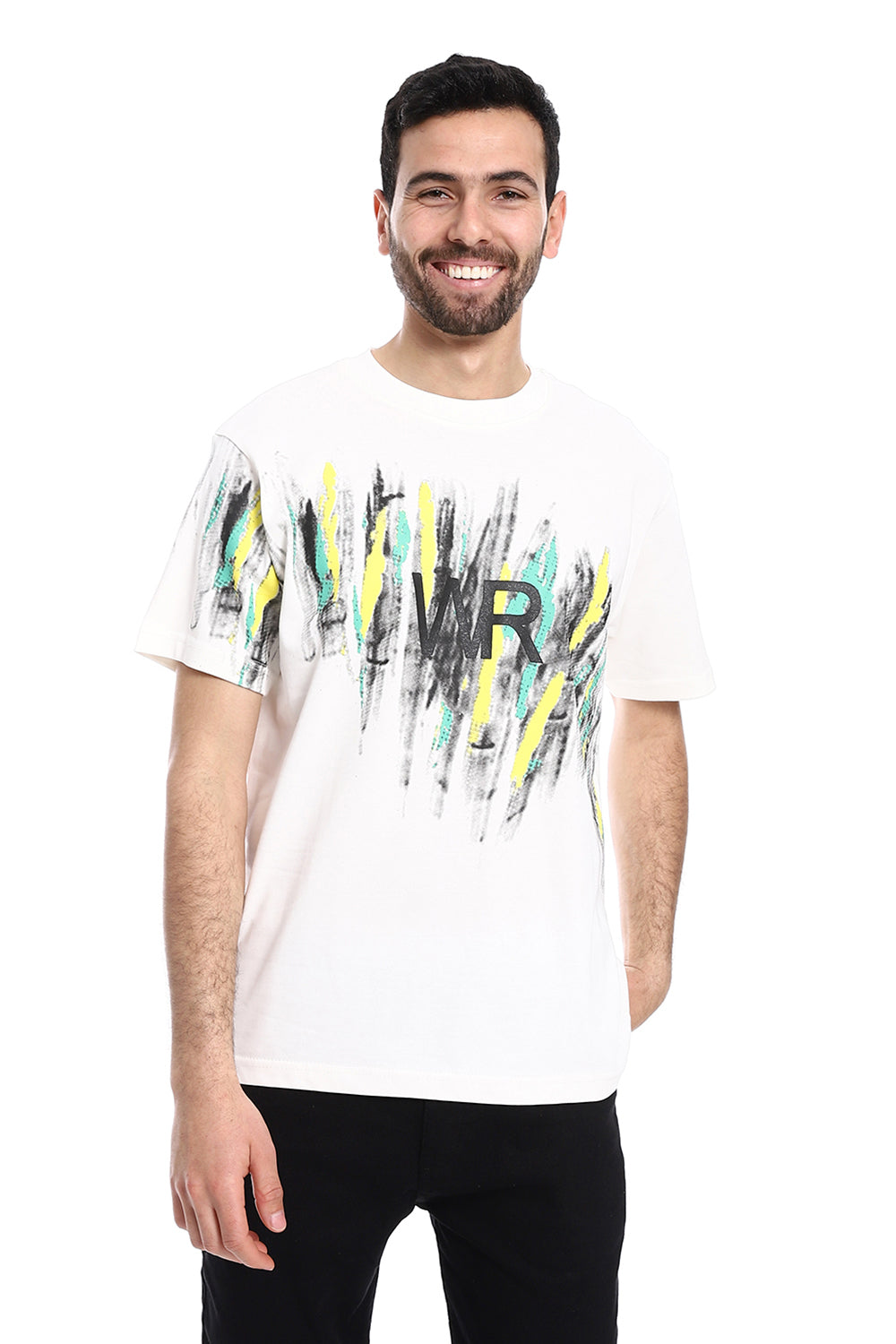 Printed Regular Fit Slip On T-Shirt – White, Yellow & Green