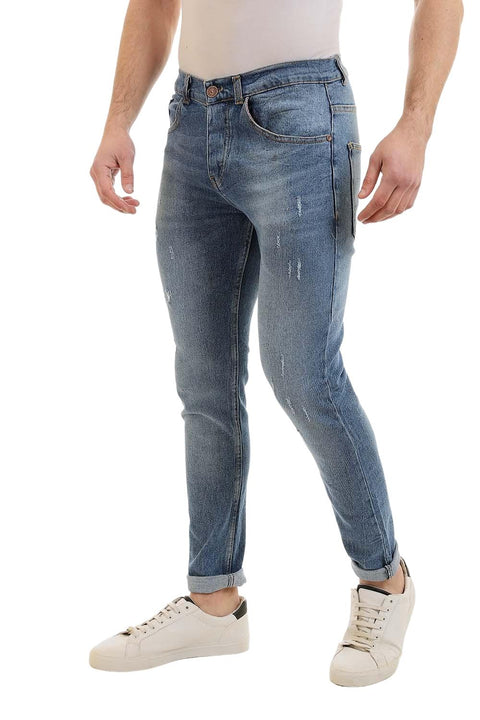 Slim Fit Cotton Jeans With Scratches - Wash Standard Blue