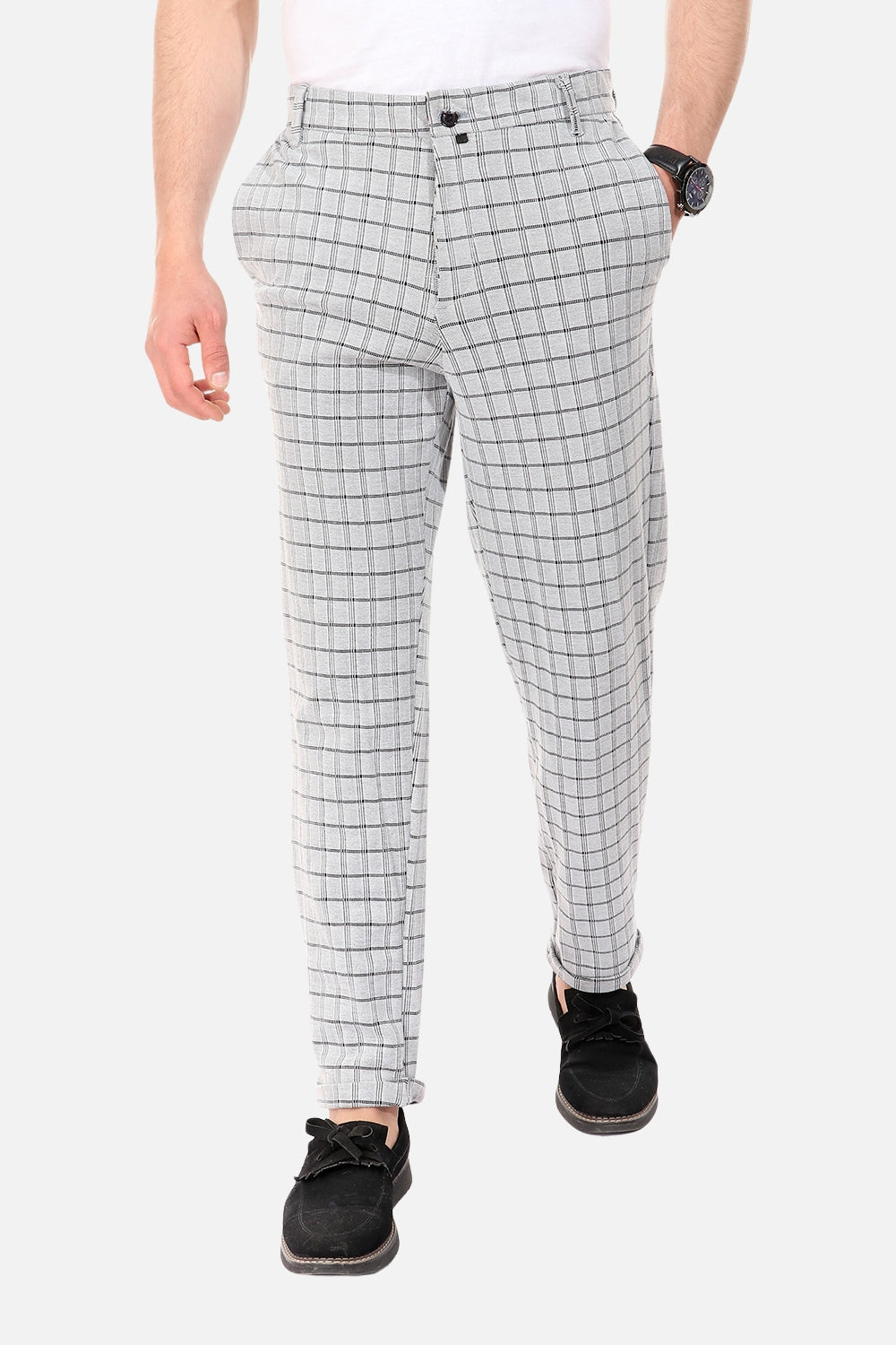 Bi-Tone Plaids Fashionable Slim Pants - Black & Grey