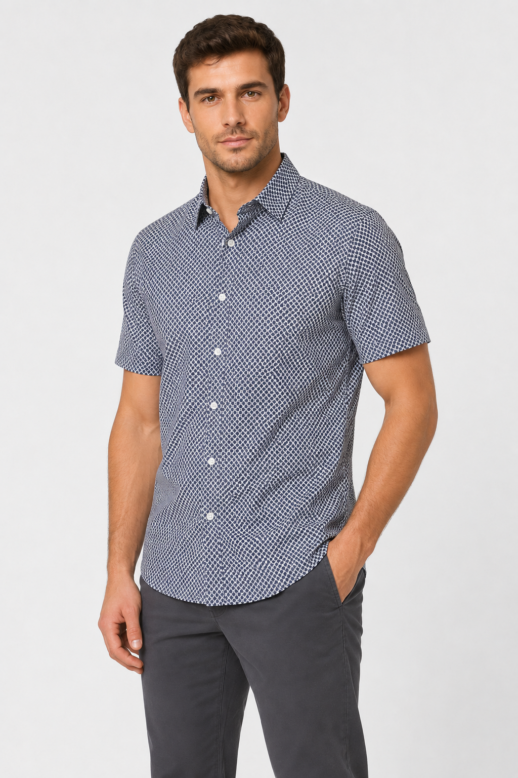 Grey & White Self Pattern Short Sleeves Shirt