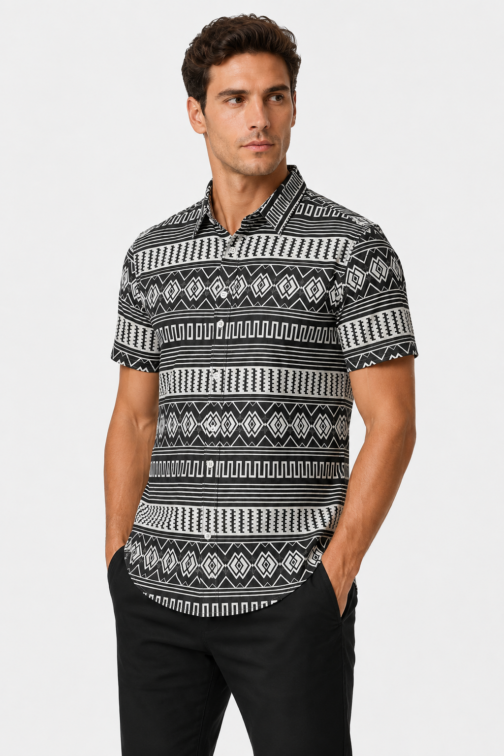 Short Sleeves Turn Down Collar Shirt - Black & White