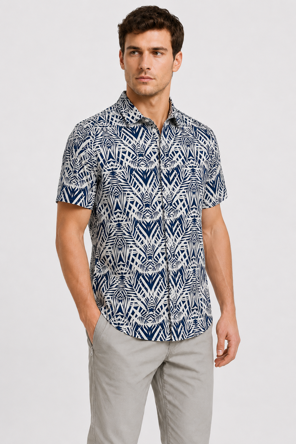 Palm Pattern Short Sleeves Shirt - Navy & White