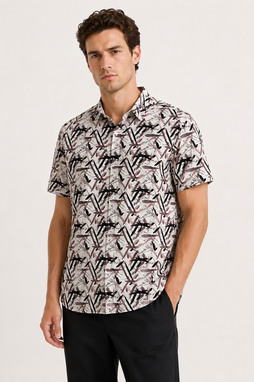 Self Pattern Turn Down Collar Shirt - White, Black & Pastel Brown