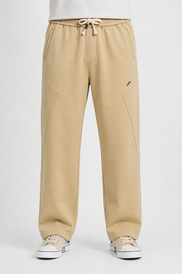 Men’s Casual Wide Leg Jogger Pants – Adjustable Drawstring -BeigeMen's Premium Cotton Wide-Leg Sweatpants – Relaxed Fit Joggers with Contrast Braided Drawstring
