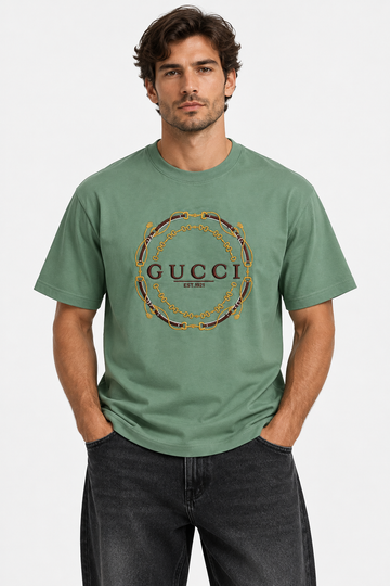 Men's Gucci Logo Graphic Print Oversized Sage Green T-Shirt
