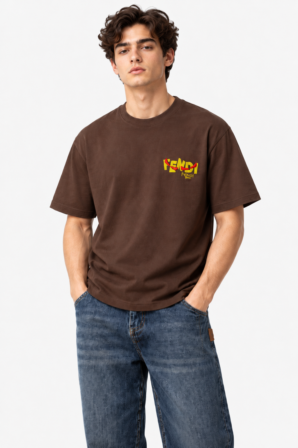 Men's Fendi Logo Graphic Oversized Brown T-Shirt