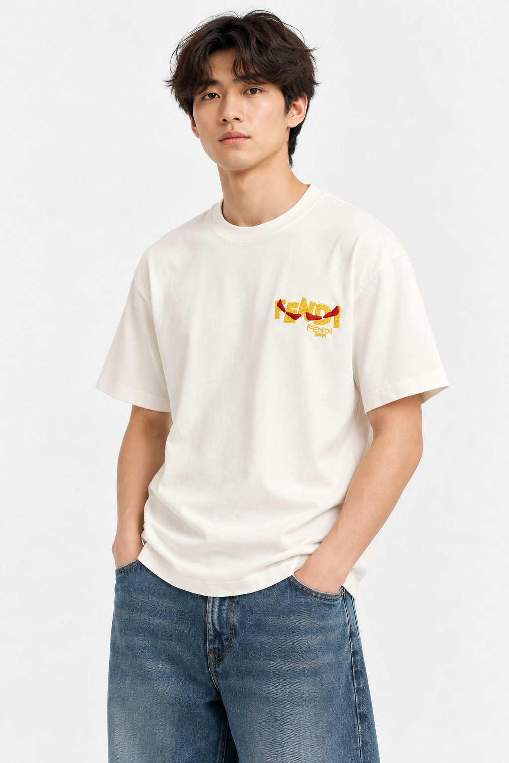 Men's Fendi Logo Graphic Oversized WhiteT-Shirt