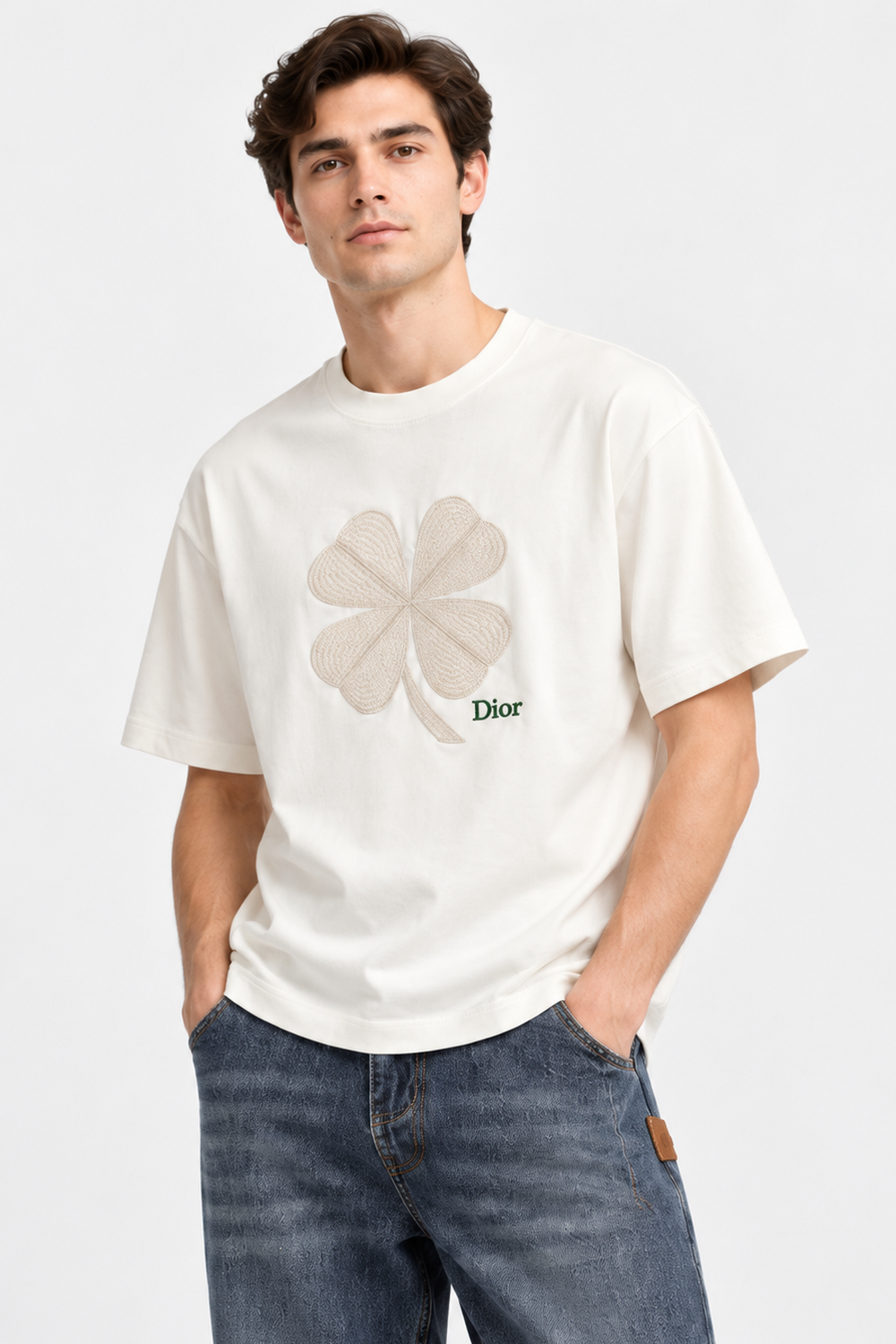Men's Dior Clover Embroidered Oversized White T-Shirt