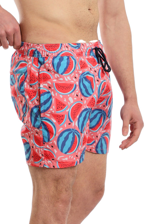 Slip On Swim Short With Watermelon Pattern - Coral & Navy Blue