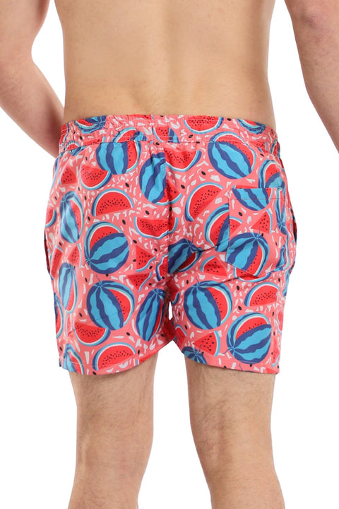 Slip On Swim Short With Watermelon Pattern - Coral & Navy Blue