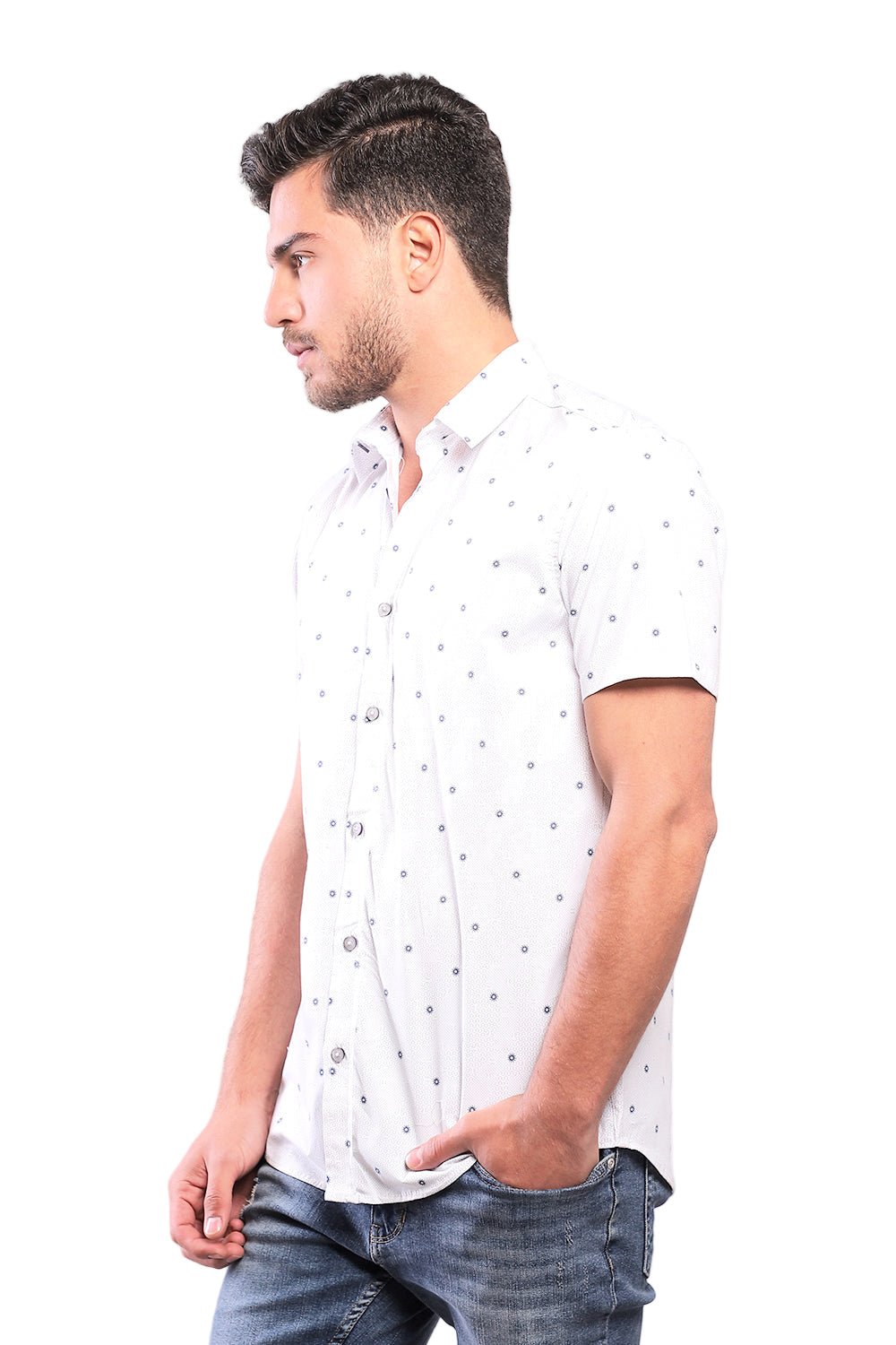 Buttoned Short Sleeves Sun Pattern Shirt – White