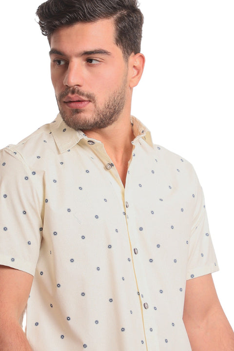 Buttoned Short Sleeves Sun Pattern Shirt - Pale Yellow & Navy Blue