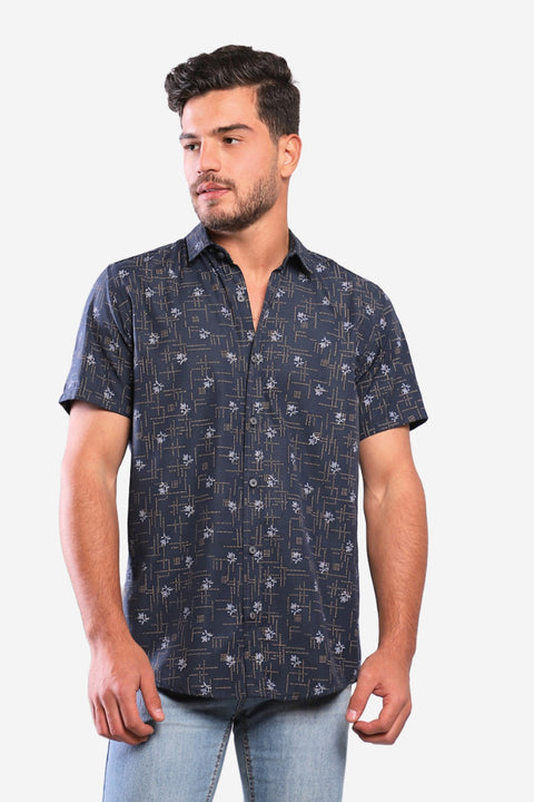 Branches & Dots Short Sleeves Shirt - Navy Blue, Coffee