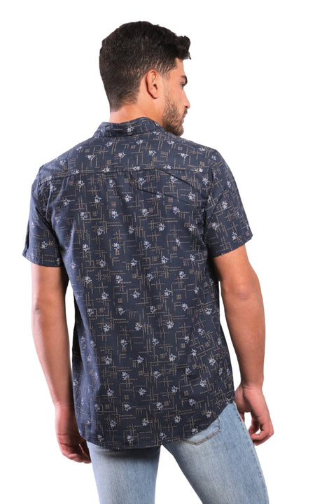 Branches & Dots Short Sleeves Shirt - Navy Blue, Coffee