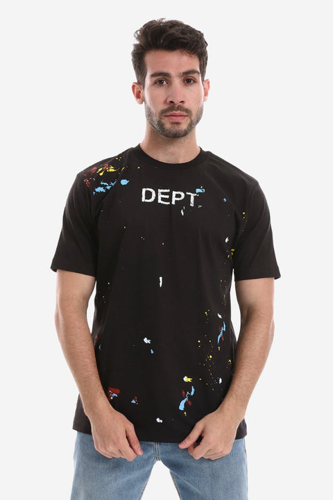 "Dept." Printed Patterne Slip On Round Neck T-Shirt - Maroon, White & Yellow