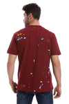 "Dept." Printed Patterne Slip On Round Neck T-Shirt - Maroon, White & Yellow