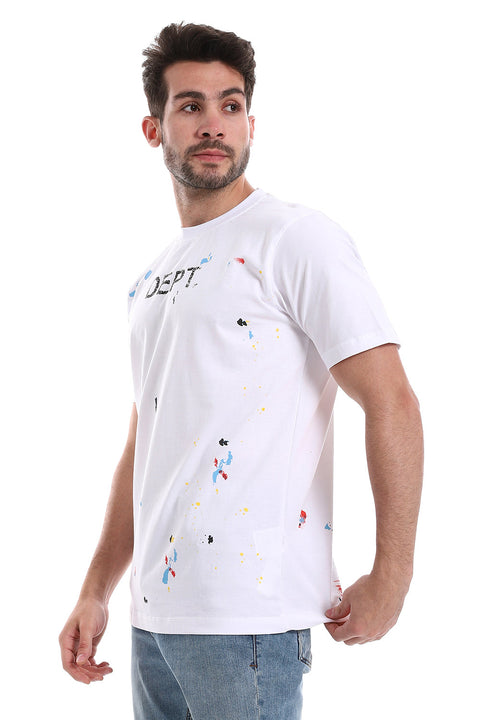 "Dept." Printed Patterne Slip On Round Neck T-Shirt - Maroon, White & Yellow