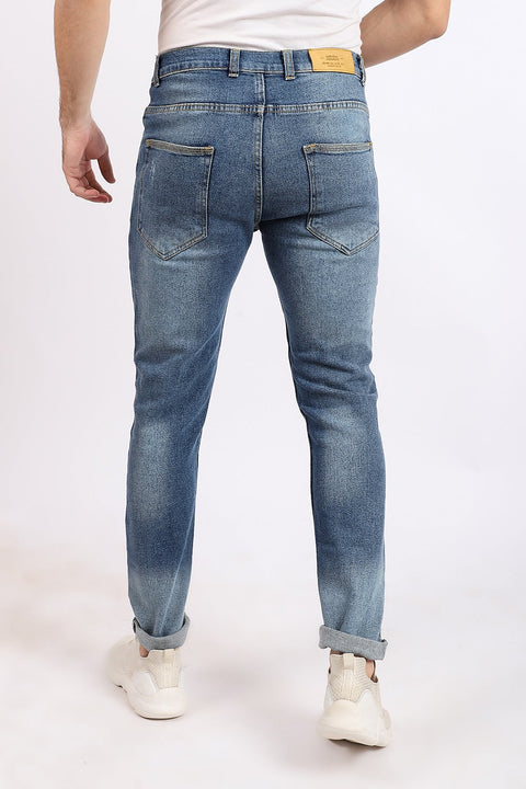 Cotton Slim Fit Scratched Jeans - Ice Blue