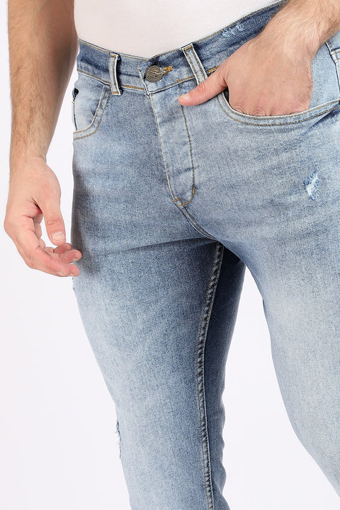 Slim Fit Cotton Jeans With Scratches - Ice Blue