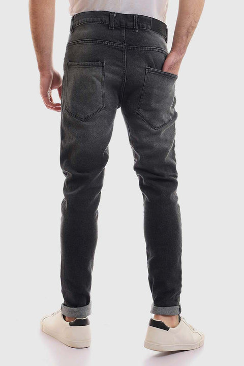 Slim Fit Cotton Jeans With Scratches - Wash Standard Black