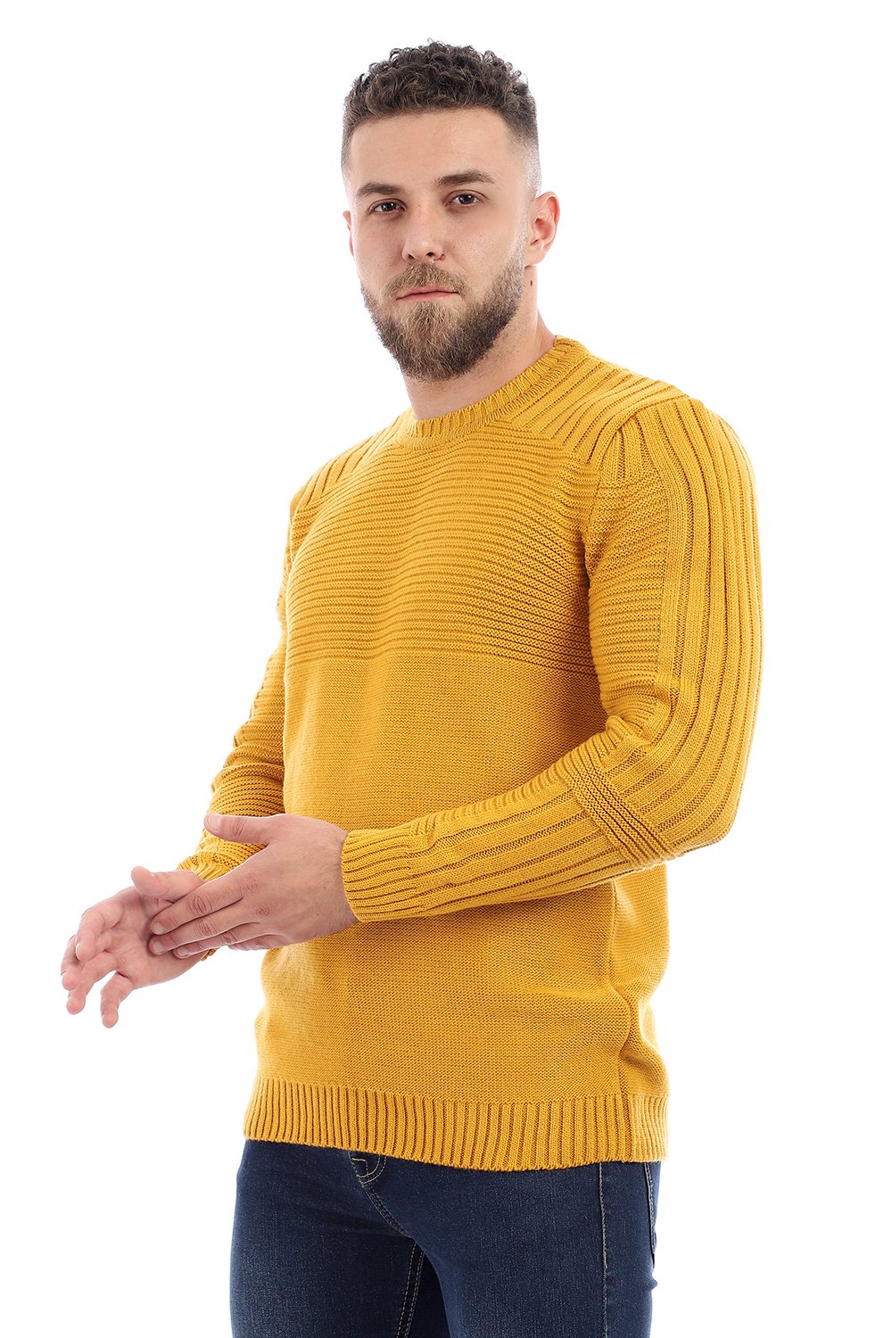 Knitted Acrylic Round Neck Pullover - Mustard