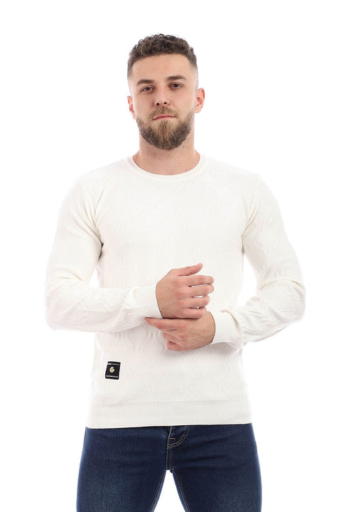 Knitted Off White Pullover With Ribbed Hem