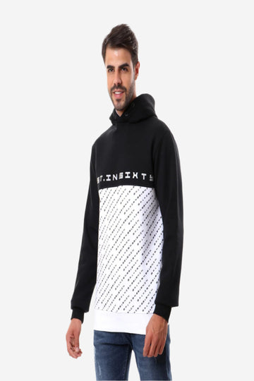 Bi-tone Printed Letters Hoodie - Steel Blue & Yellow