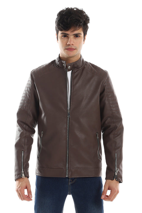 Shoulder Stitching Details Long Sleeves Brown Leather Jacket
