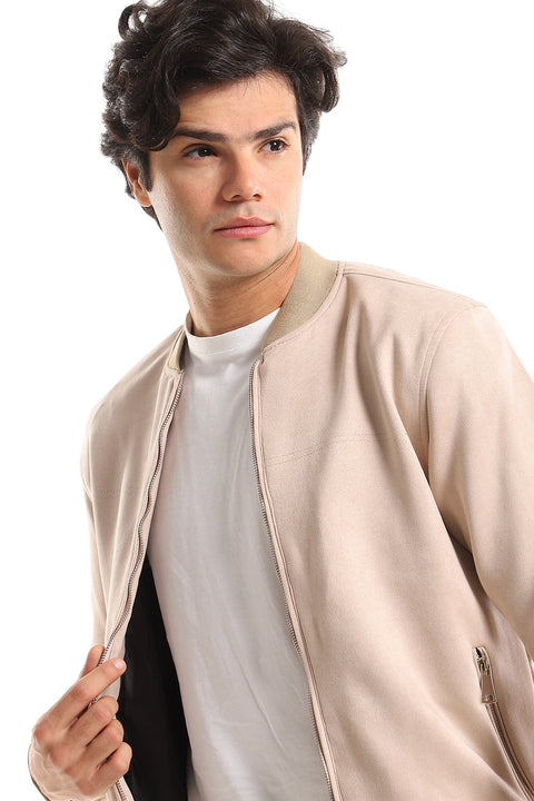 Casual Zipped Suede Jacket With Zipped Side Pockets