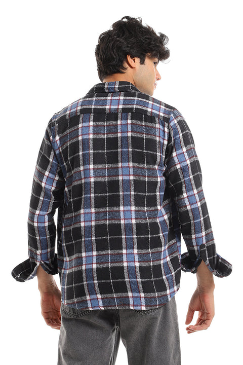 Casual Plaid Button Down Shirt With Two Chest Pockets - Black, Blue & White