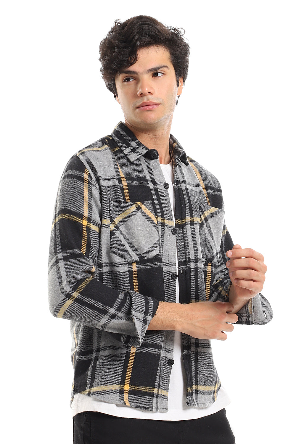 Casual Plaid Button Down Shirt With Two Chest Pockets - Dark Grey, Black & Grey