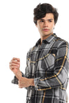 Casual Plaid Button Down Shirt With Two Chest Pockets - Dark Grey, Black & Grey