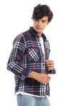 Casual Plaid Button Down Shirt With Two Chest Pockets - Navy, Red & White