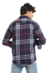 Casual Plaid Button Down Shirt With Two Chest Pockets - Navy, Red & White