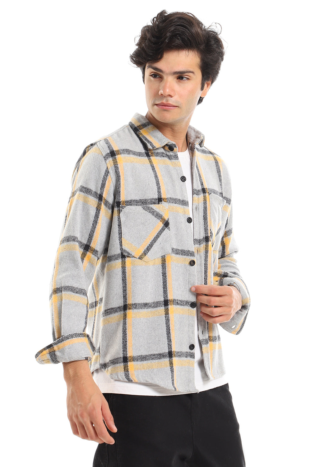 Casual Plaid Button Down Shirt With Two Chest Pockets - Grey, Yellow & Black