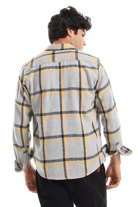 Casual Plaid Button Down Shirt With Two Chest Pockets - Grey, Yellow & Black