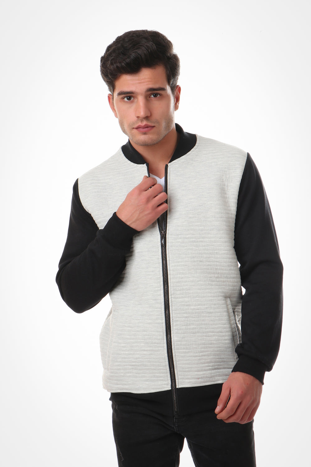 Bi-Tone Self Patterned Zipped Sweatshirt grey