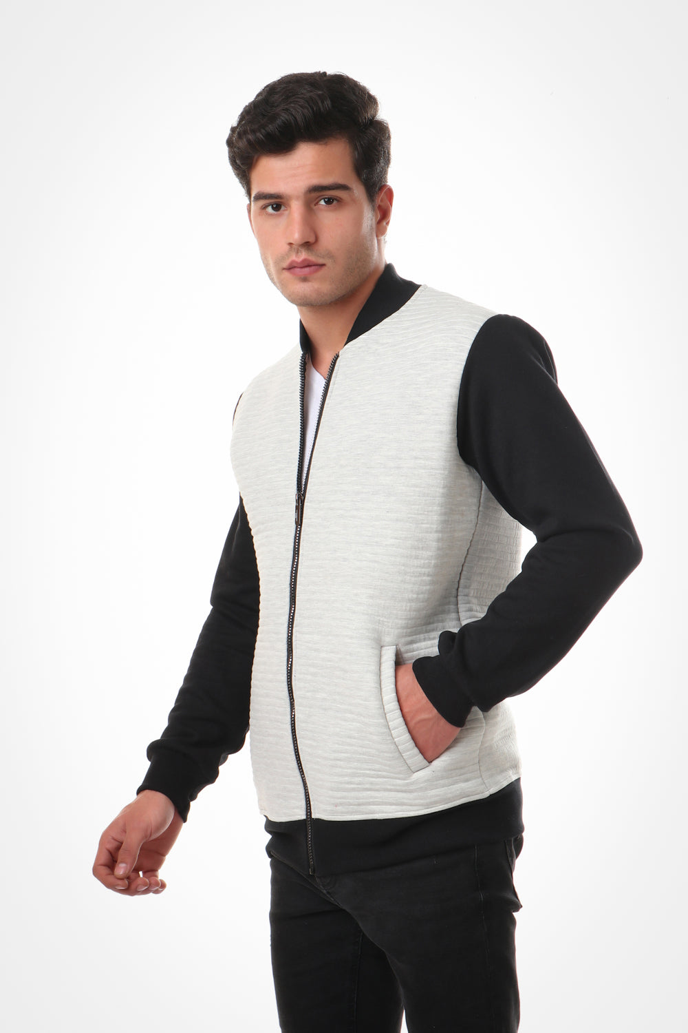 Bi-Tone Self Patterned Zipped Sweatshirt grey