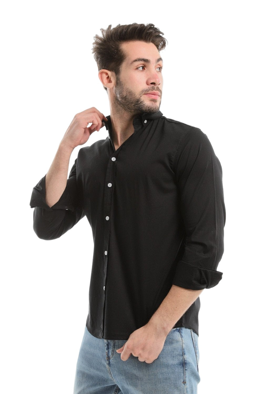 Plain Buttoned Down Long Sleeves Shirt-Black