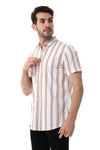 Striped Pattern Short Sleeves Shirt - White & Cider Brown