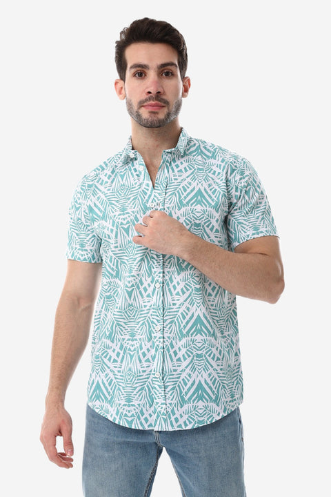 Palm Pattern Short Sleeves Shirt - Mint Green & White