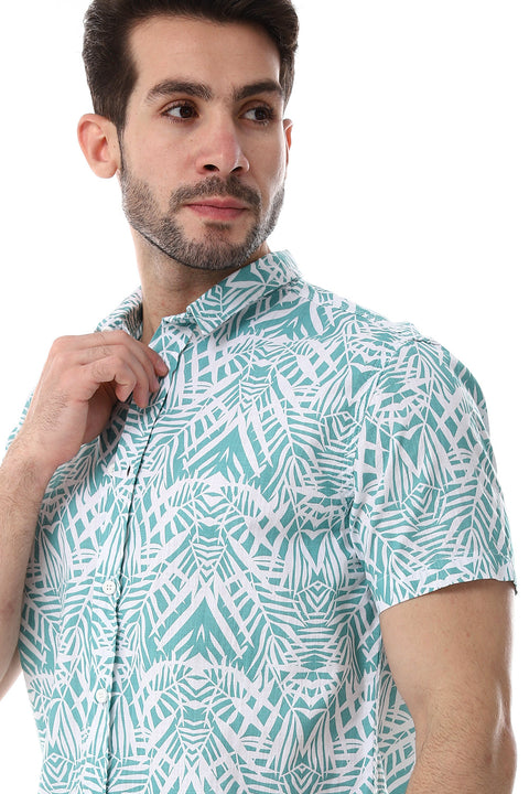 Palm Pattern Short Sleeves Shirt - Mint Green & White