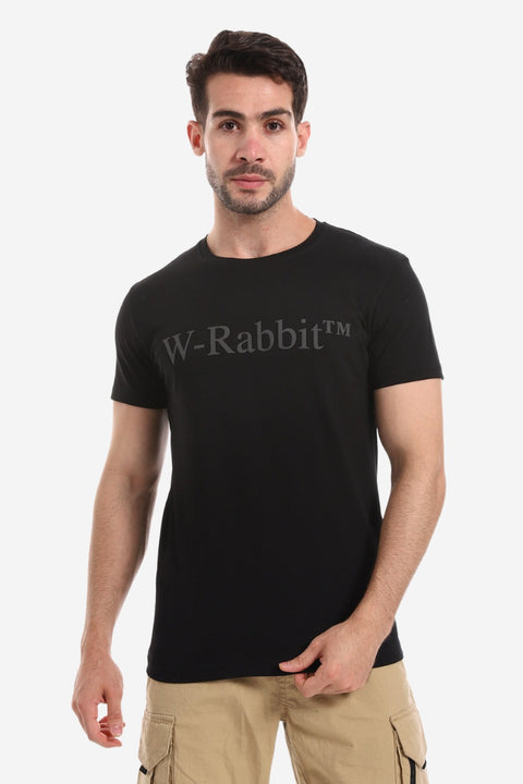Short Sleeves Black Tee With "White Rabbit" Charcoal Print
