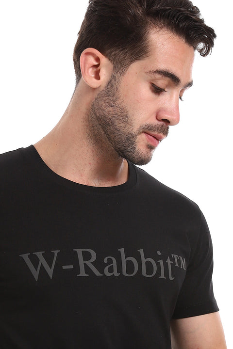Short Sleeves Black Tee With "White Rabbit" Charcoal Print