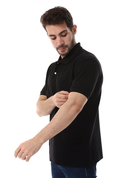 Pique Pattern Turn Down Collar Polo Shirt - Black