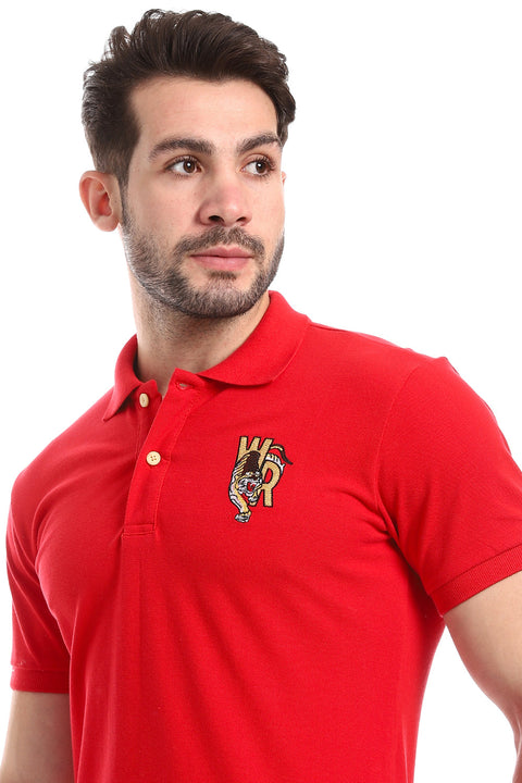 Stitched Chest Logo Pique Patterned Polo Shirt - Red