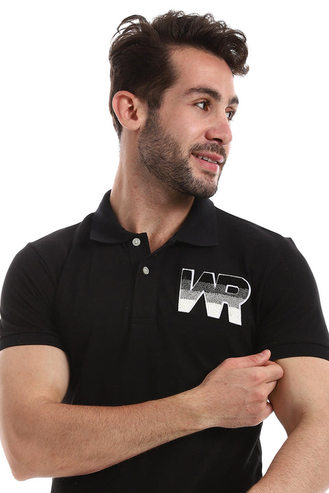 Side Stitched Patch Cotton Polo Shirt - Black
