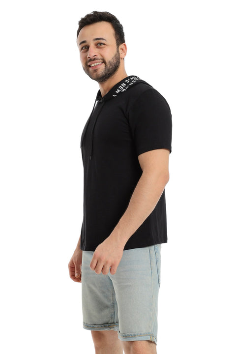 White Texted Trim Hooded Slip On Heather Black Short Sleeves Tee