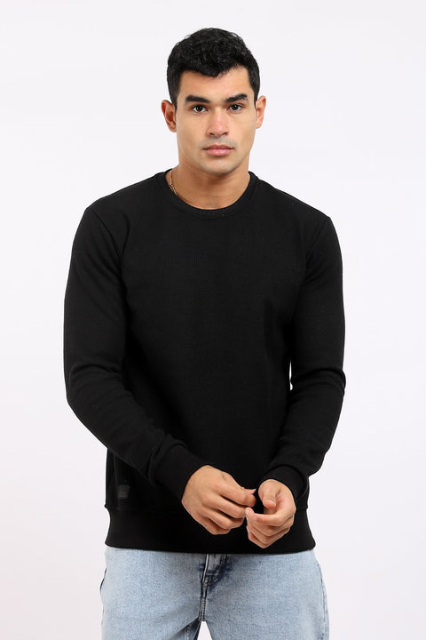 Ribbed Round Neck Long Sleeves Black Sweatshirt